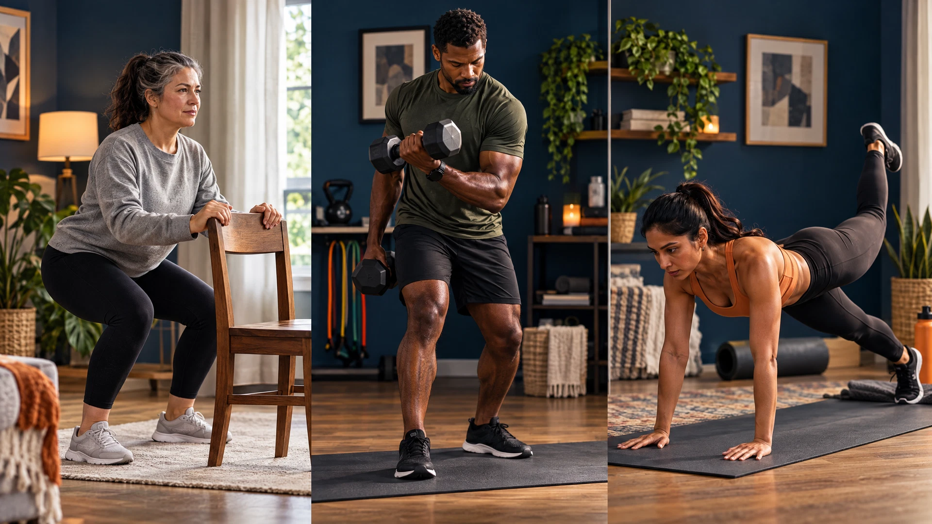 Three adults following distinct home-training movements at different levels
