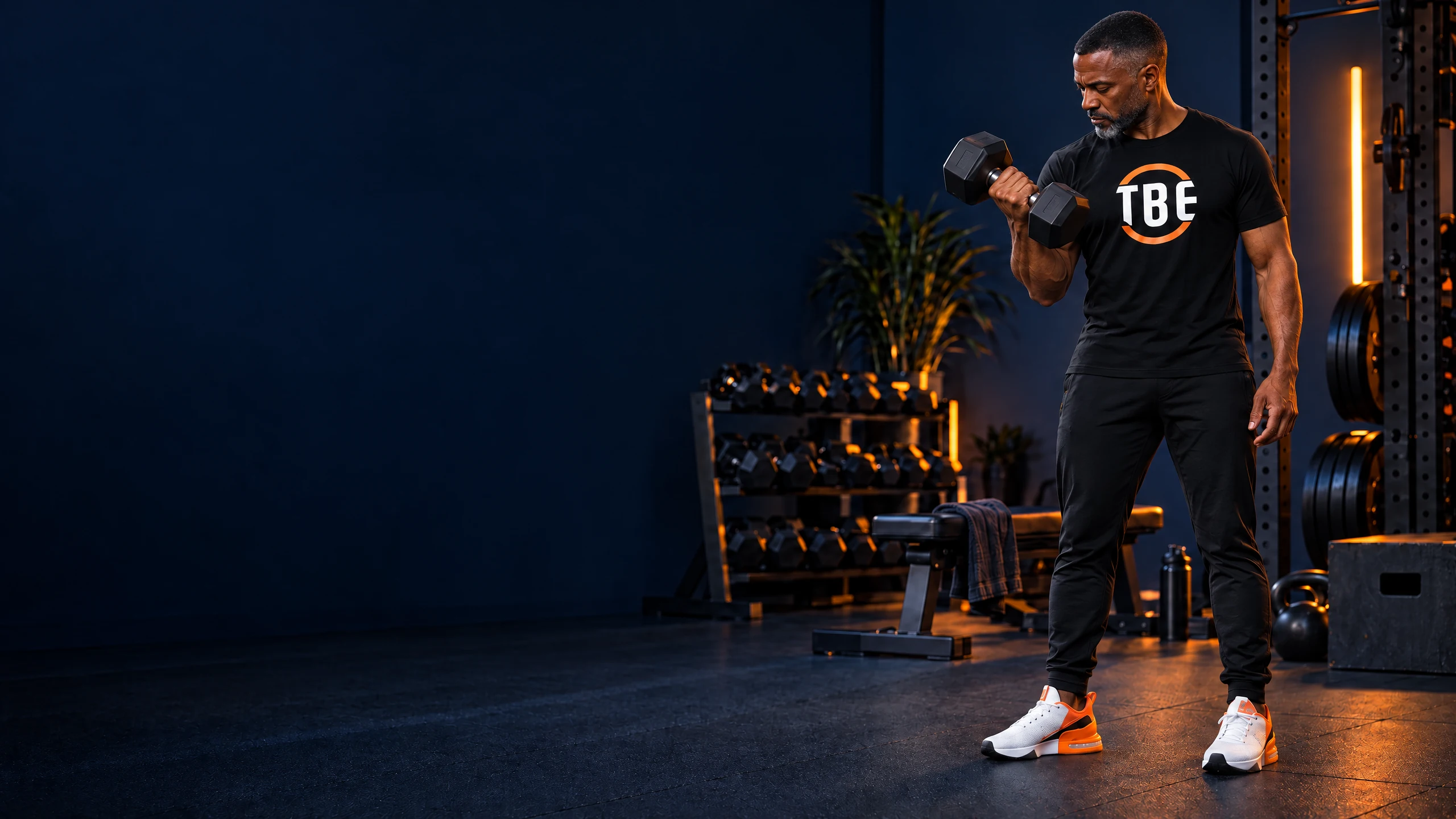 Fit Black man in his 40s with subtle gray at the temples, wearing a black TBE Fitness training shirt while performing a controlled dumbbell curl in a dark home training space